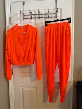 Fashion Nova Neon Orange Hooded Jogger Set - Zip Jacket & Elastic Waist Pants